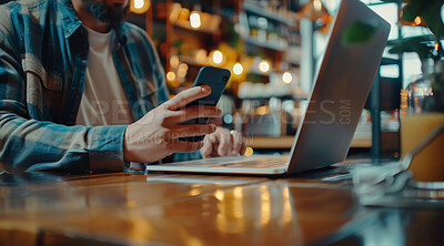 Buy stock photo Person, phone and hands in coffee shop with laptop for remote work online and typing email. Internet, cafe and man in restaurant with freelance article as creative writer with social media research