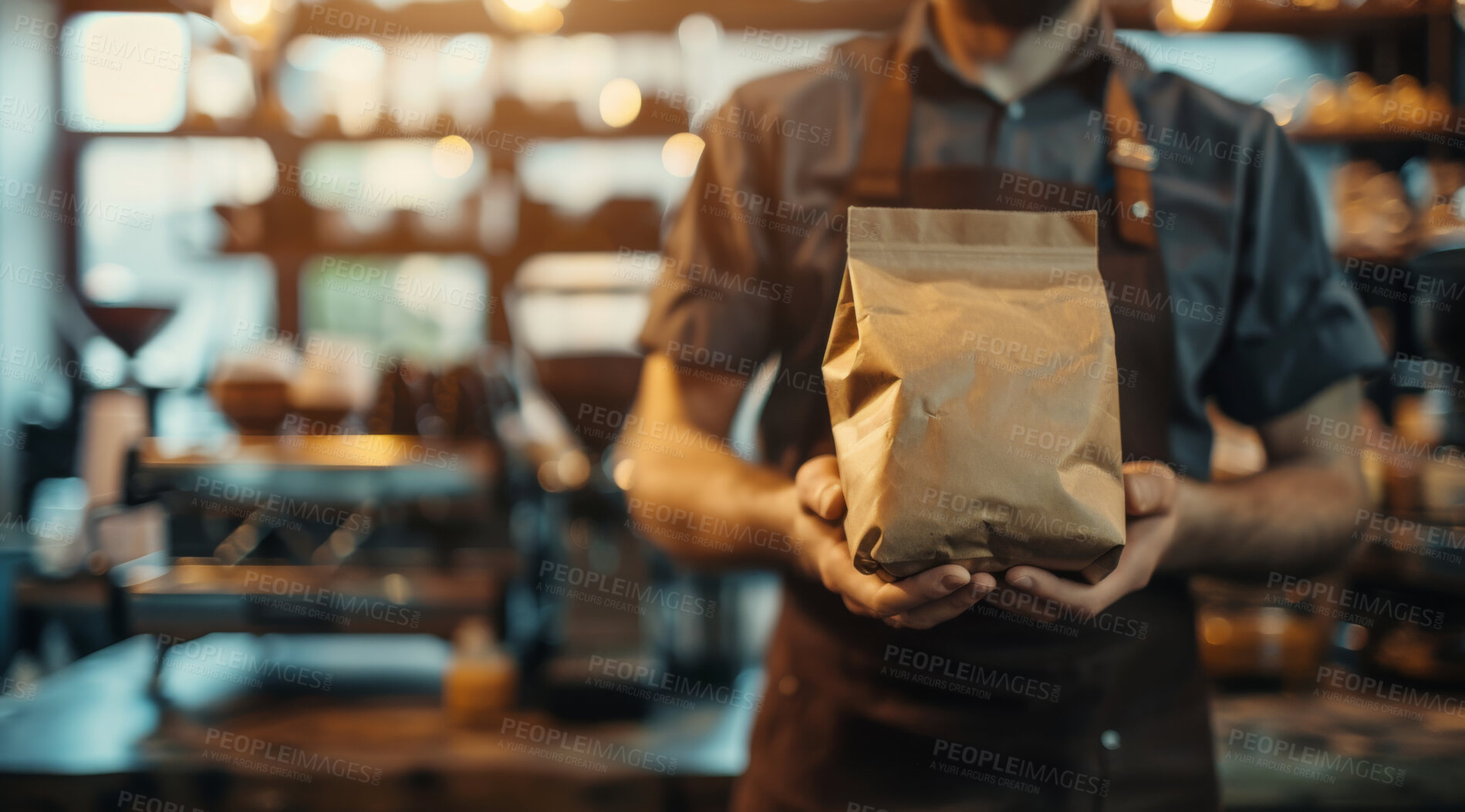 Buy stock photo Packaging, hands of barista and apron in cafe for caffeine, premium espresso blend or roast. paper bag, coffee beans and employee with ingredient for hot beverage, latte or aroma in restaurant