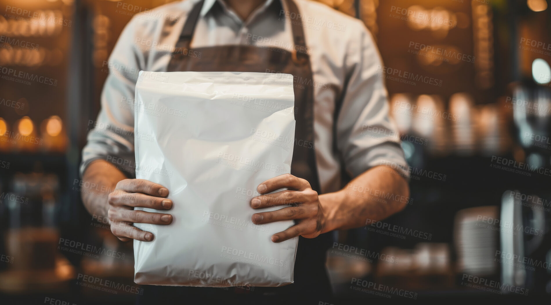 Buy stock photo Apron, paper bag and hands of barista in cafe for caffeine, premium espresso blend or roast. Packaging, coffee beans and employee with ingredient for hot beverage, latte or aroma in restaurant