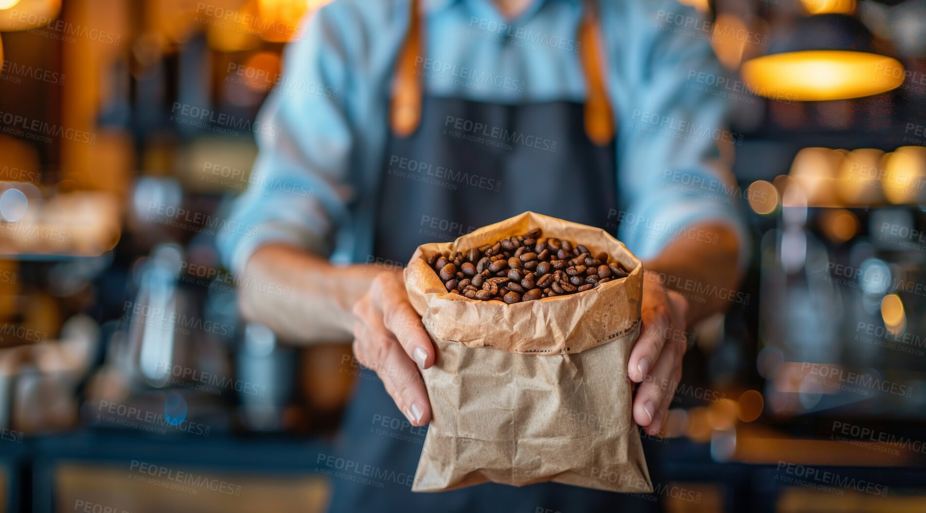 Buy stock photo Hands, paper bag and coffee beans with caffeine in cafe for premium espresso blend, roast and breakfast drink. Barista, package and ingredient for latte in restaurant for morning beverage and aroma