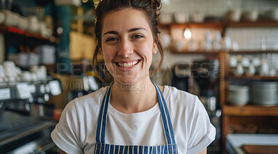 Buy stock photo Portrait, happy and woman with small business at cafe in startup, growth and ownership. Coffee shop, waiter and smile or confident with restaurant and career as entrepreneur, proud and satisfied