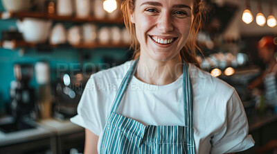 Buy stock photo Happy, small business and portrait of woman at cafe in startup, growth and ownership. Coffee shop, waiter and smile or confidence with restaurant progress and investment as entrepreneur and proud