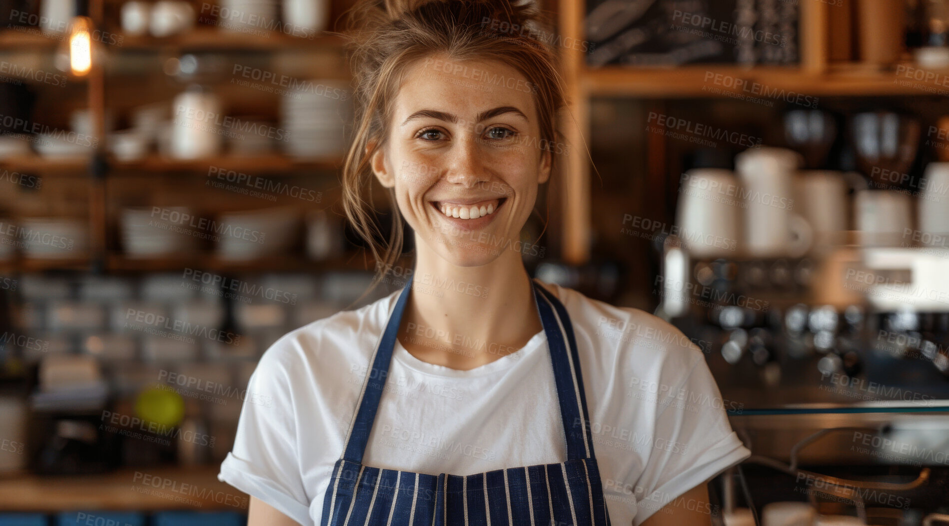 Buy stock photo Portrait, small business and smile as woman at cafe in startup, growth and ownership. Coffee shop, waiter and happy or confidence with restaurant progress and investment as entrepreneur and proud