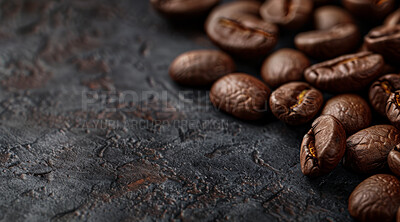 Buy stock photo Brown, roast and coffee beans with texture of grain for espresso, caffeine and organic harvest. Fresh, blend and background with pattern of seed for ingredient, food and natural produce in Ethiopia