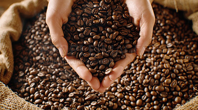 Buy stock photo Roast, woman and coffee beans in hand with harvest for espresso, caffeine and organic growth. Fresh, seeds and person with pattern in basket for grain, ingredient and natural produce in Ethiopia