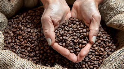 Buy stock photo Woman, hand and coffee beans with pattern of grain for farming, produce and organic harvest. Roast, fresh and person with texture of brown seed for caffeine, ingredient and natural growth in Brazil