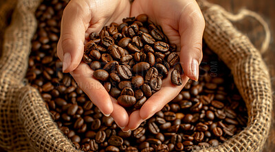 Woman, hand and coffee beans with texture of grain for farming, harvest and organic produce. Roast, basket and person with pattern of brown seed for growth, caffeine and natural ingredient in Brazil