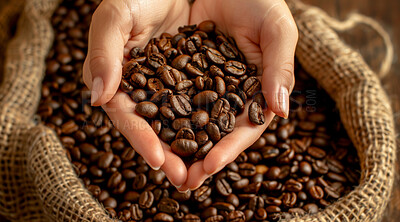 Buy stock photo Woman, hand and coffee beans with texture of grain for farming, harvest and organic produce. Roast, basket and person with pattern of brown seed for growth, caffeine and natural ingredient in Brazil