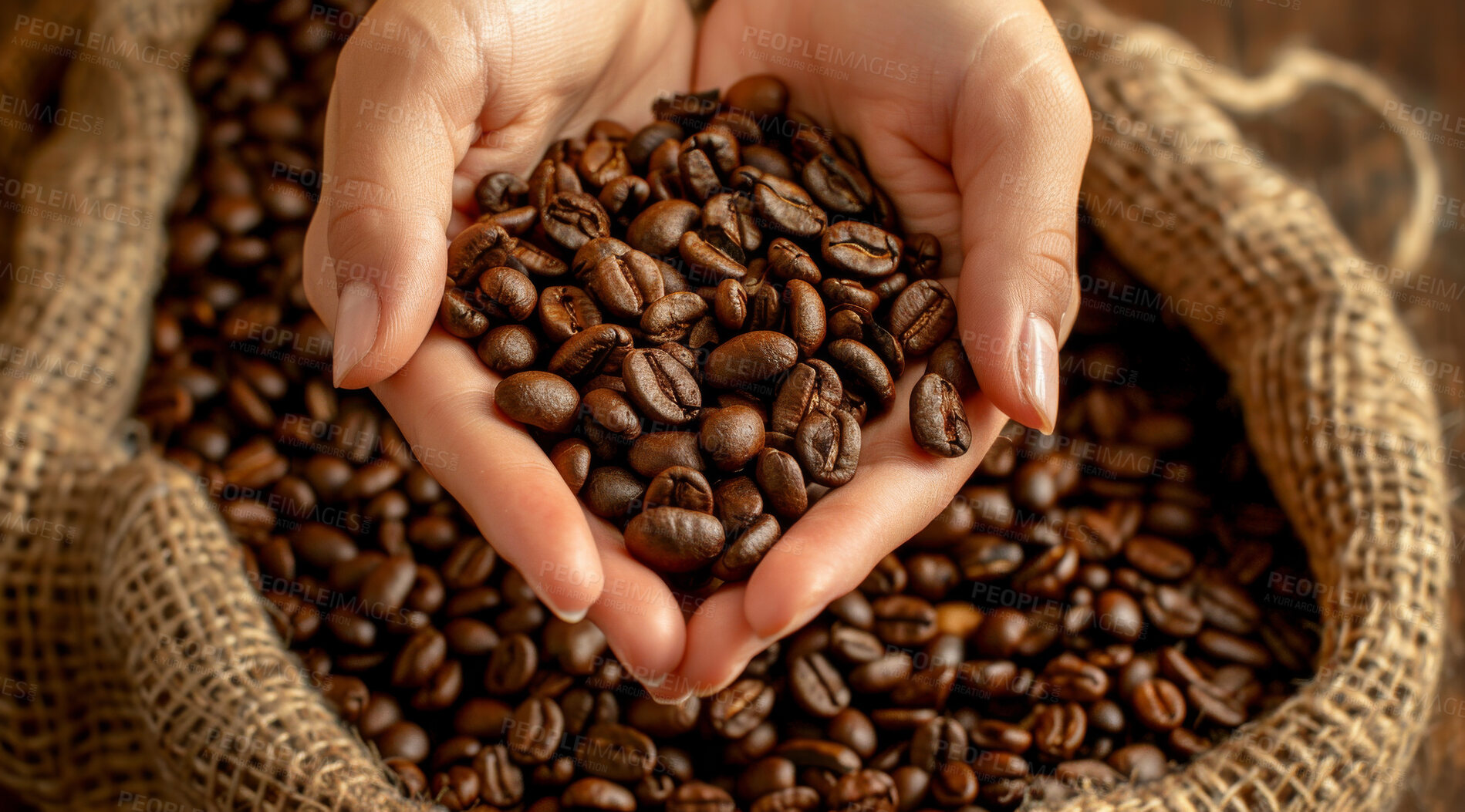 Buy stock photo Woman, hand and coffee beans with texture of grain for farming, harvest and organic produce. Roast, basket and person with pattern of brown seed for growth, caffeine and natural ingredient in Brazil