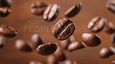 Buy stock photo Organic, roast and fresh coffee beans with texture for cappuccino, espresso and natural harvest. Sustainable, ingredients and brown grain seeds float for caffeine production in Brazil by background.