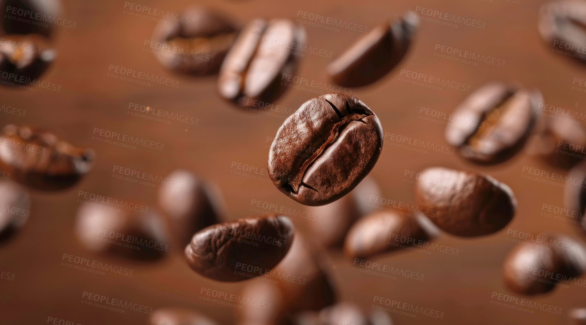 Buy stock photo Organic, roast and fresh coffee beans with texture for cappuccino, espresso and natural harvest. Sustainable, ingredients and brown grain seeds float for caffeine production in Brazil by background.