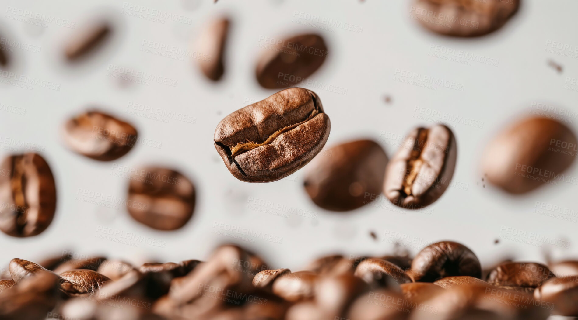 Buy stock photo Caffeine, roast and fresh coffee beans with texture for cappuccino, organic and natural harvest. Sustainable, ingredients and brown grain seeds float for espresso production in Brazil by background.