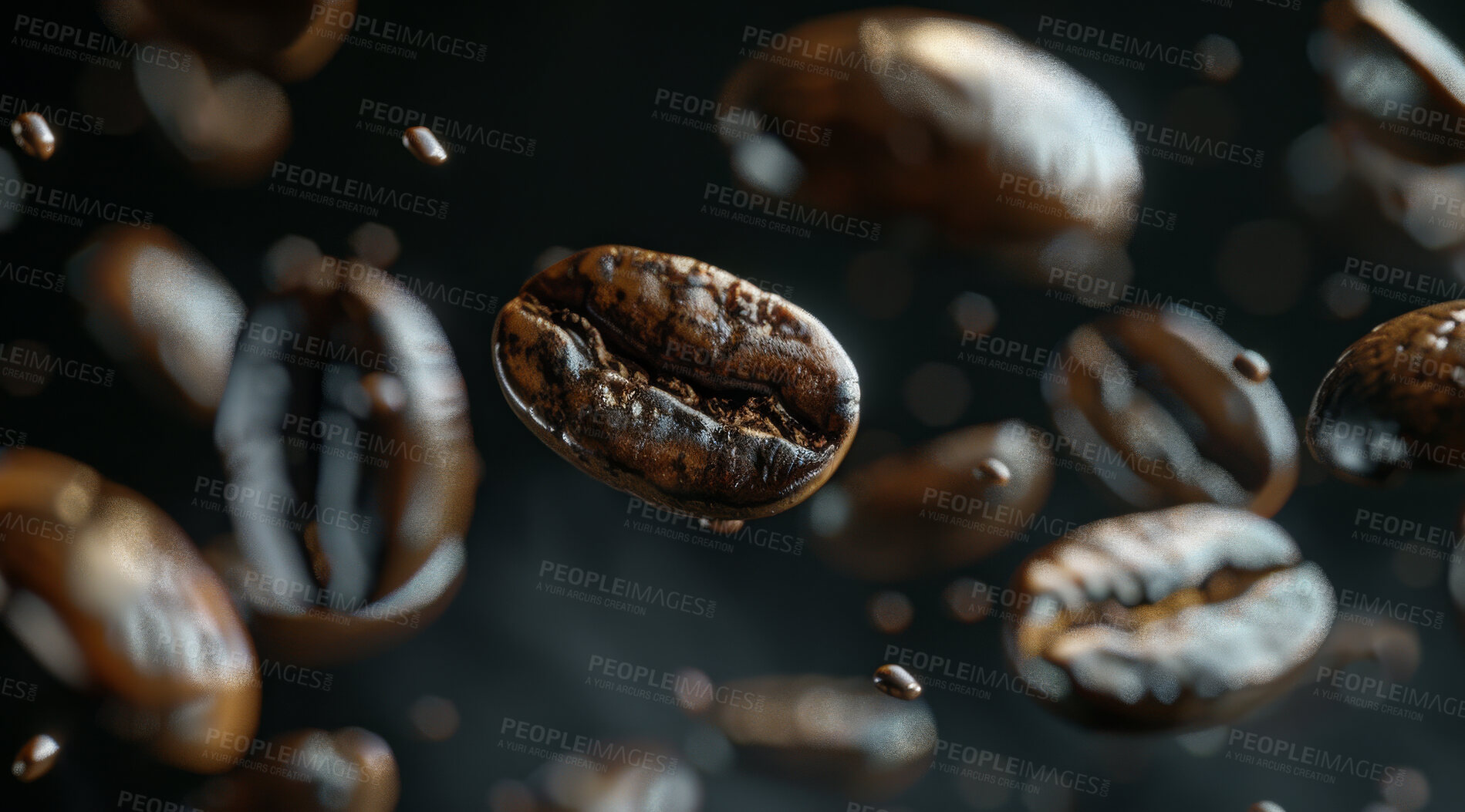 Buy stock photo Organic, seeds and fresh coffee beans with texture for cappuccino, espresso and natural harvest. Sustainable, ingredients and brown roast grain float for caffeine production in Brazil by background.