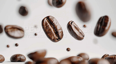 Coffee, beans and closeup in cafe with espresso for production and mockup isolated in studio. Caffeine, energy and ingredient for latte or cappuccino beverages for marketing on white background