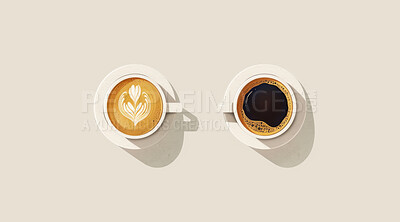 Mug, coffee and design with art of cappuccino for creativity, caffeine or beverage on white background. High angle, cup and espresso with plate for graphic of drink, creative pattern or food industry