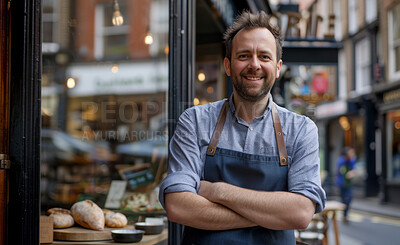 Buy stock photo Barista man, portrait and happy in coffee shop for business, customer and hospitality. European, smile and new owner in cafe store for startup, entrepreneur and restaurant management in Los Angeles