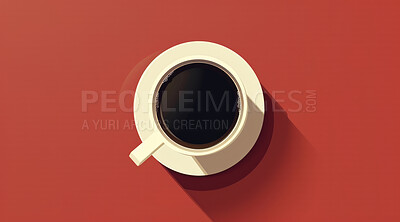 Top view, black coffee and cup with espresso, caffeine and mockup space with red studio background. Above, mug or artistic design with breakfast, minimalism or plate with porcelain, shadow or ceramic
