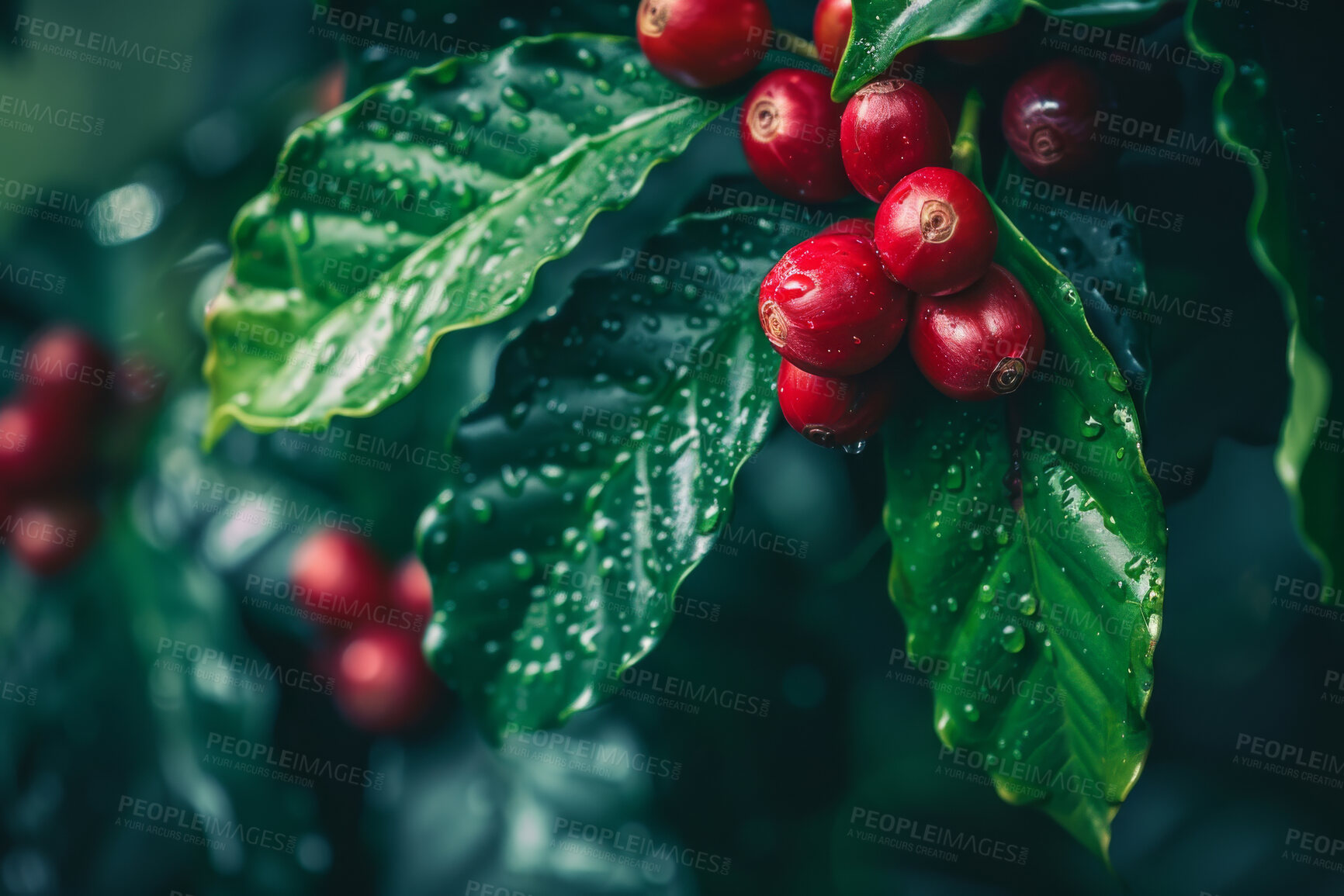 Buy stock photo Natural, growth and coffee plant with leaves for ecology, food industry and hospitality business with sustainability. Coffea arabica, nature and premium beans for morning drink and espresso in Brazil