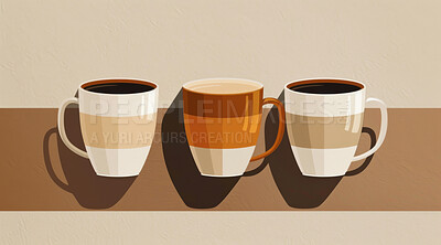 Art, coffee and design with cup illustration on color background for retail service to relax. Cafe, collection and creative with caffeine, cappuccino or latte beverage and drink graphic for marketing