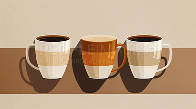 Buy stock photo Art, coffee and design with cup illustration on color background for retail service to relax. Cafe, collection and creative with caffeine, cappuccino or latte beverage and drink graphic for marketing