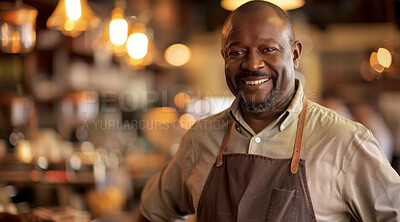 African man, portrait and happy in coffee shop for business, customer and hospitality. Barista, smile and new owner in cafe store or restaurant for startup, entrepreneurship and black excellence