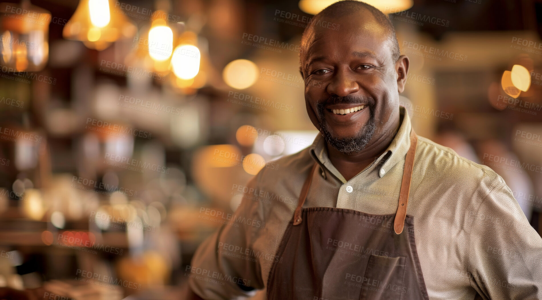 Buy stock photo African man, portrait and happy in coffee shop for business, customer and hospitality. Barista, smile and new owner in cafe store or restaurant for startup, entrepreneurship and black excellence