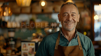 Buy stock photo Portrait, mature man or waiter with apron in coffee shop for customer service or small business. Happy, male person or barista in cafe or restaurant with smile for hospitality and confidence