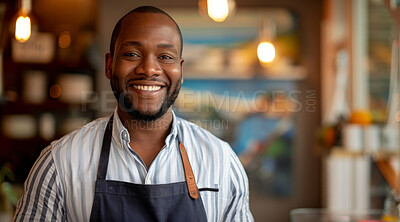 African man, portrait and happy in coffee shop for business, customer and hospitality. Barista, smile and new owner in cafe store or restaurant for entrepreneurship, startup and black excellence