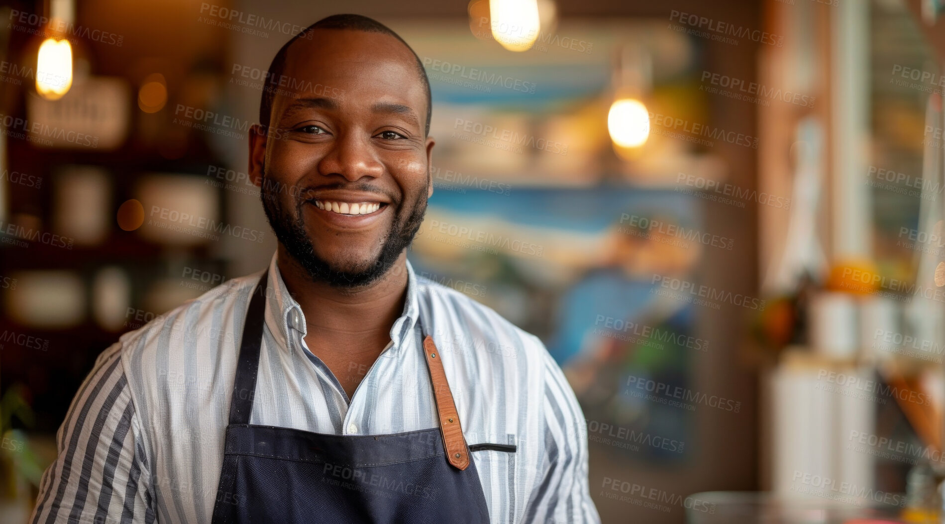 Buy stock photo Black man, portrait and happy in coffee shop for business, customer and hospitality. Barista, smile and new owner in cafe store or restaurant for entrepreneurship, startup and excellence in job