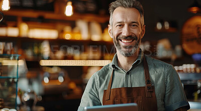 Portrait, man or waiter with apron in coffee shop for customer service, employment or small business. Happy, male person or barista in cafe or restaurant with smile for hospitality and confidence