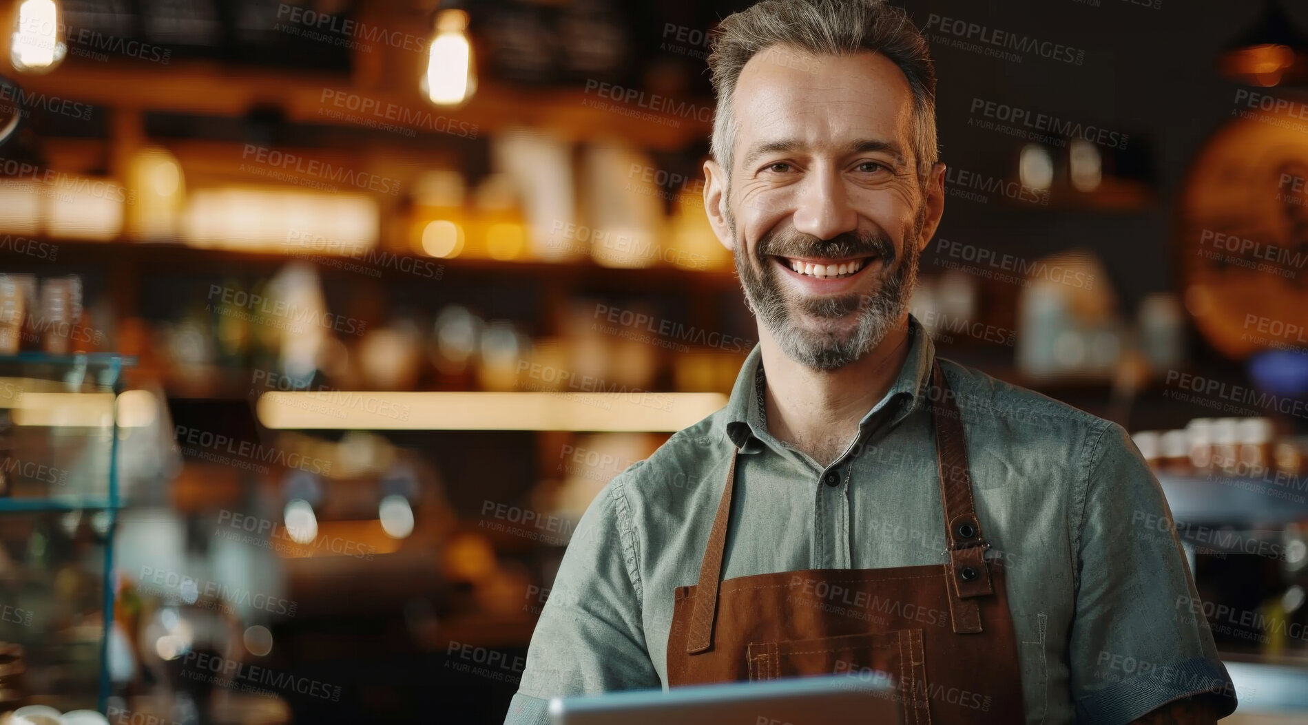 Buy stock photo Portrait, man or waiter with apron in coffee shop for customer service, employment or small business. Happy, male person or barista in cafe or restaurant with smile for hospitality and confidence