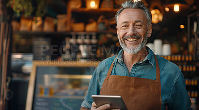 Buy stock photo Portrait, mature man or waiter with tablet in coffee shop for customer service, employment and small business. Happy, male person or barista in cafe with technology for communication and social media