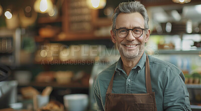 Portrait, mature man or waiter with apron in coffee shop for customer service, employment or small business. Happy, male person or barista in restaurant with smile for hospitality and confidence