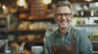 Buy stock photo Portrait, mature man or waiter with apron in coffee shop for customer service, employment or small business. Happy, male person or barista in restaurant with smile for hospitality and confidence