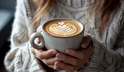 Buy stock photo Woman, coffee and closeup with hands for latte art or foam, creative or care with drink. Female person, espresso and zoom with milk in restaurant for winter, barista with inspiration in New York City