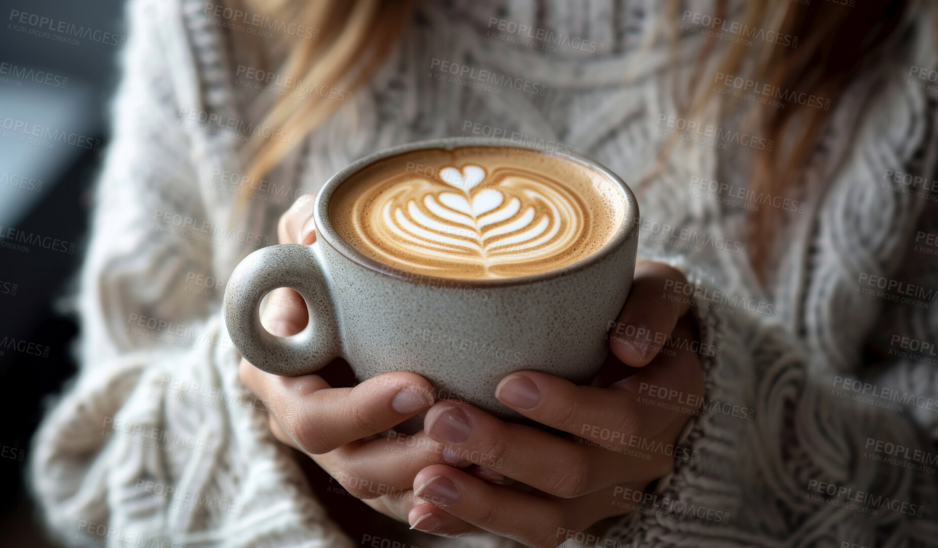 Buy stock photo Woman, coffee and closeup with hands for latte art or foam, creative or care with drink. Female person, espresso and zoom with milk in restaurant for winter, barista with inspiration in New York City