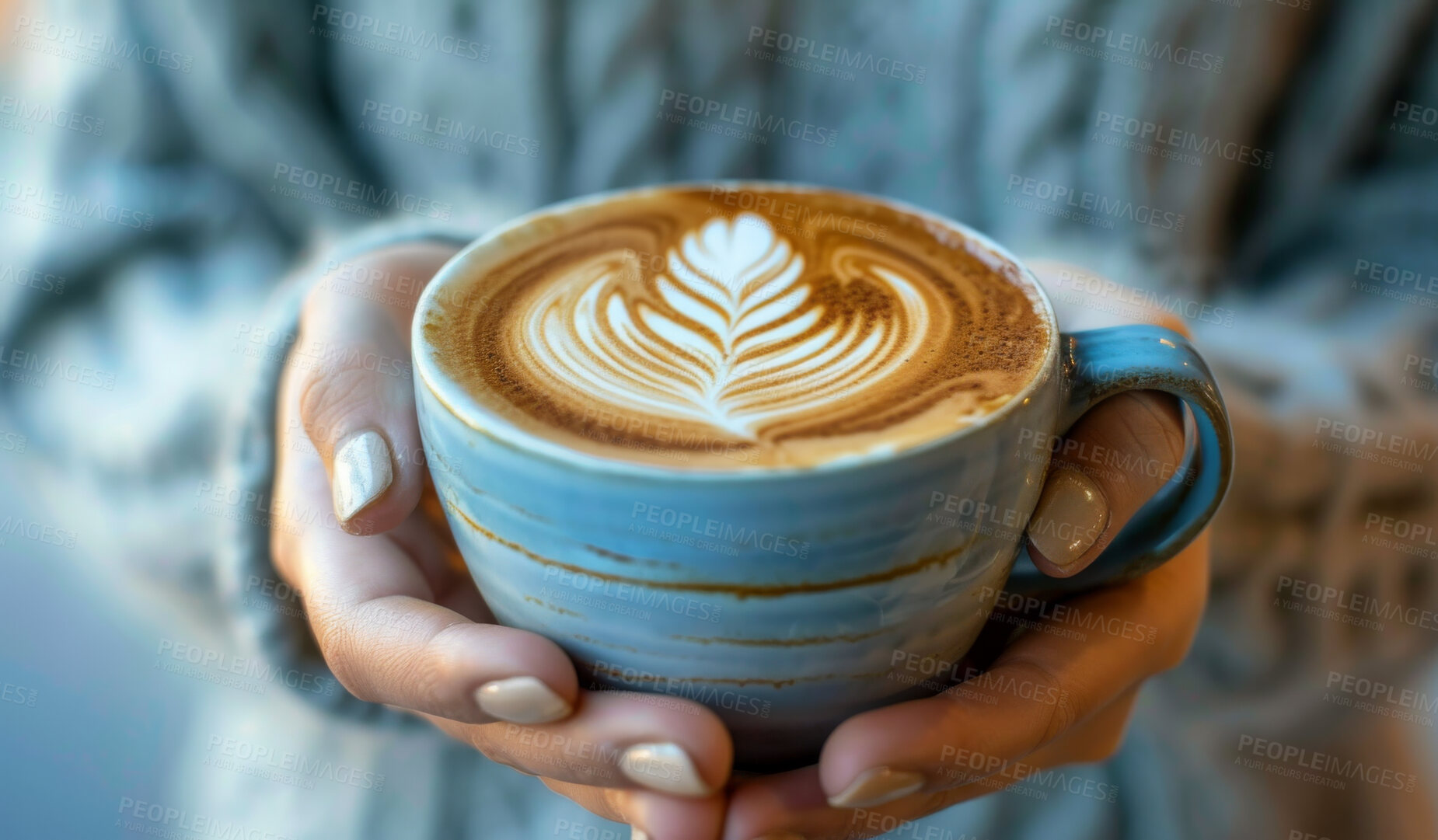 Buy stock photo Woman, coffee and closeup with hands for latte art or foam, creative or care with drink. Female person, espresso and zoom with milk in restaurant for winter, barista with inspiration in New York City