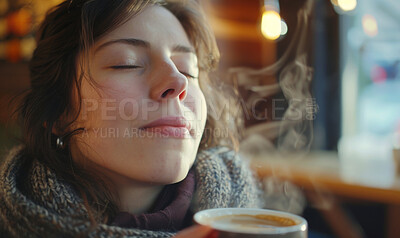 Buy stock photo Cafe, smell and woman with coffee, aroma and thinking with memory, cappuccino and flavour. Restaurant, person and girl with morning tea, scent and remember with break, relax and happiness with latte