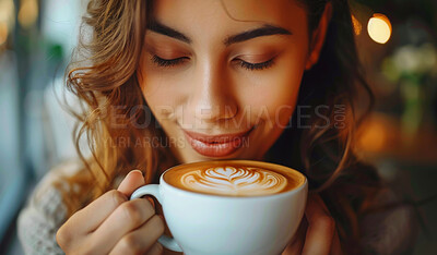 Buy stock photo Cafe, smell and woman with coffee, relax and thinking with memory, cappuccino and happiness. Restaurant, person and girl with morning tea, scent and remember with break, aroma and latte with flavor