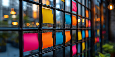 Sticky notes, color and glass window with paper for reminder, tasks or agenda at office. Empty documents, sign or tabs of small documents for schedule planning, brainstorming or post at workplace