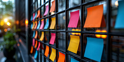 Sticky notes, colorful and glass window with paper for reminder, tasks or agenda at office. Empty documents, sign or tabs of small documents for schedule planning, brainstorming or post at workplace