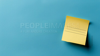 Sticky note, lines and mockup space with paper for reminder, tasks or agenda on a blue background. Empty document, sign or small tab for schedule planning, brainstorming or post for checklist or tips