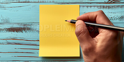 Person, hands and writing with sticky note for reminder, tasks or agenda on a blue background. Closeup of planner with empty document, sign or small tab for schedule planning, checklist or post tips
