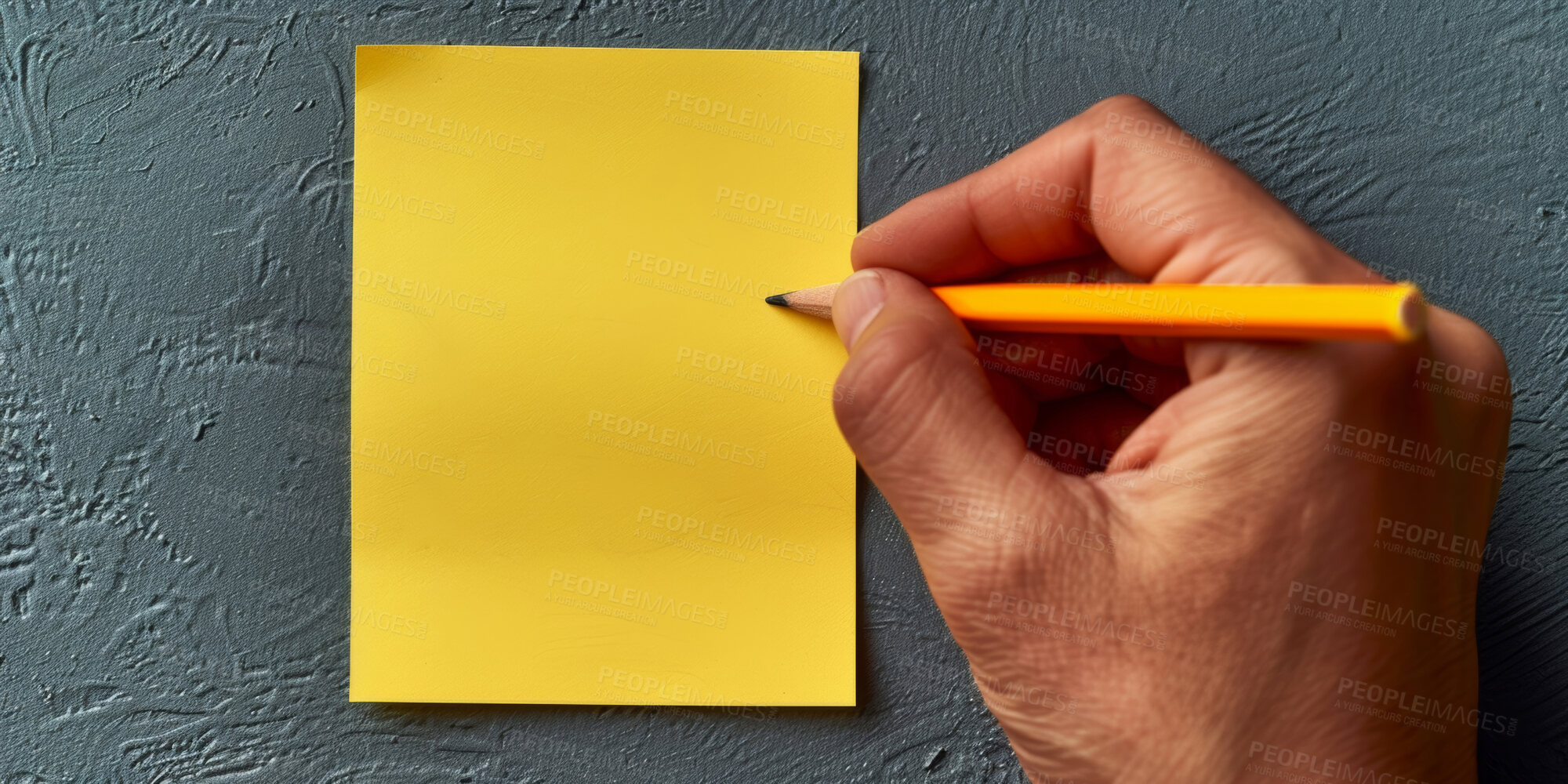 Buy stock photo Person, hands and writing with sticky note for agenda, schedule planning or tasks on a dark background. Closeup of planner with empty document, sign or small tab for reminder, checklist or post tips