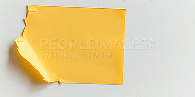 Empty, yellow and paper of note with white background for advertising, information and announcement. Banner, mockup and design of poster with blank space for branding, promotion and marketing