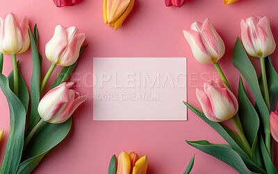 Sticky note, card and love with roses for valentines day, anniversary or gift above on a pink background. Top view of empty space with bunch of flowers, leaves or petals by paper for message or post