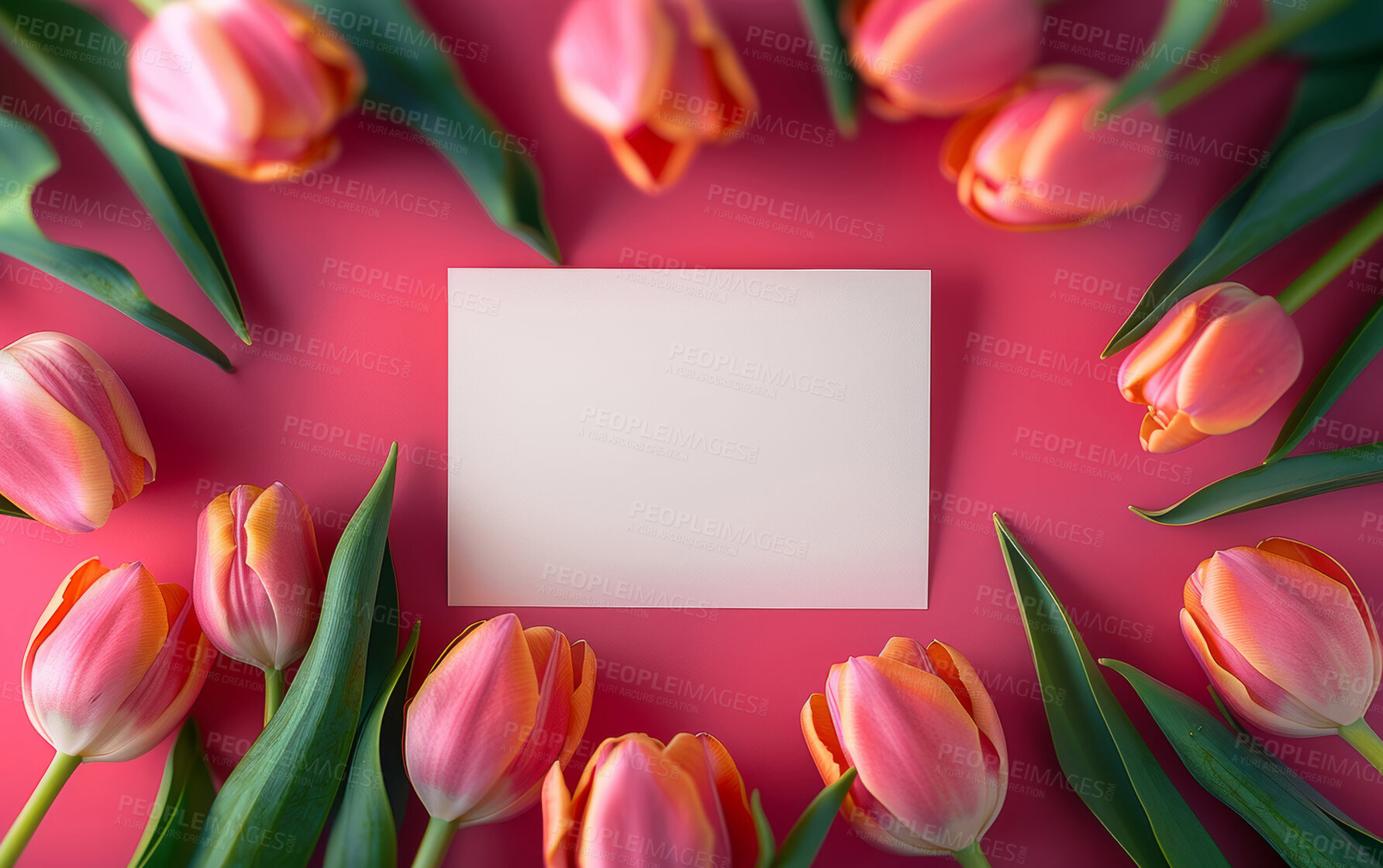 Buy stock photo Blank card, roses and flowers with note for valentines day, anniversary or gift above on a pink background. Top view of empty space with bunch of leaves or petals by paper for message, text or post