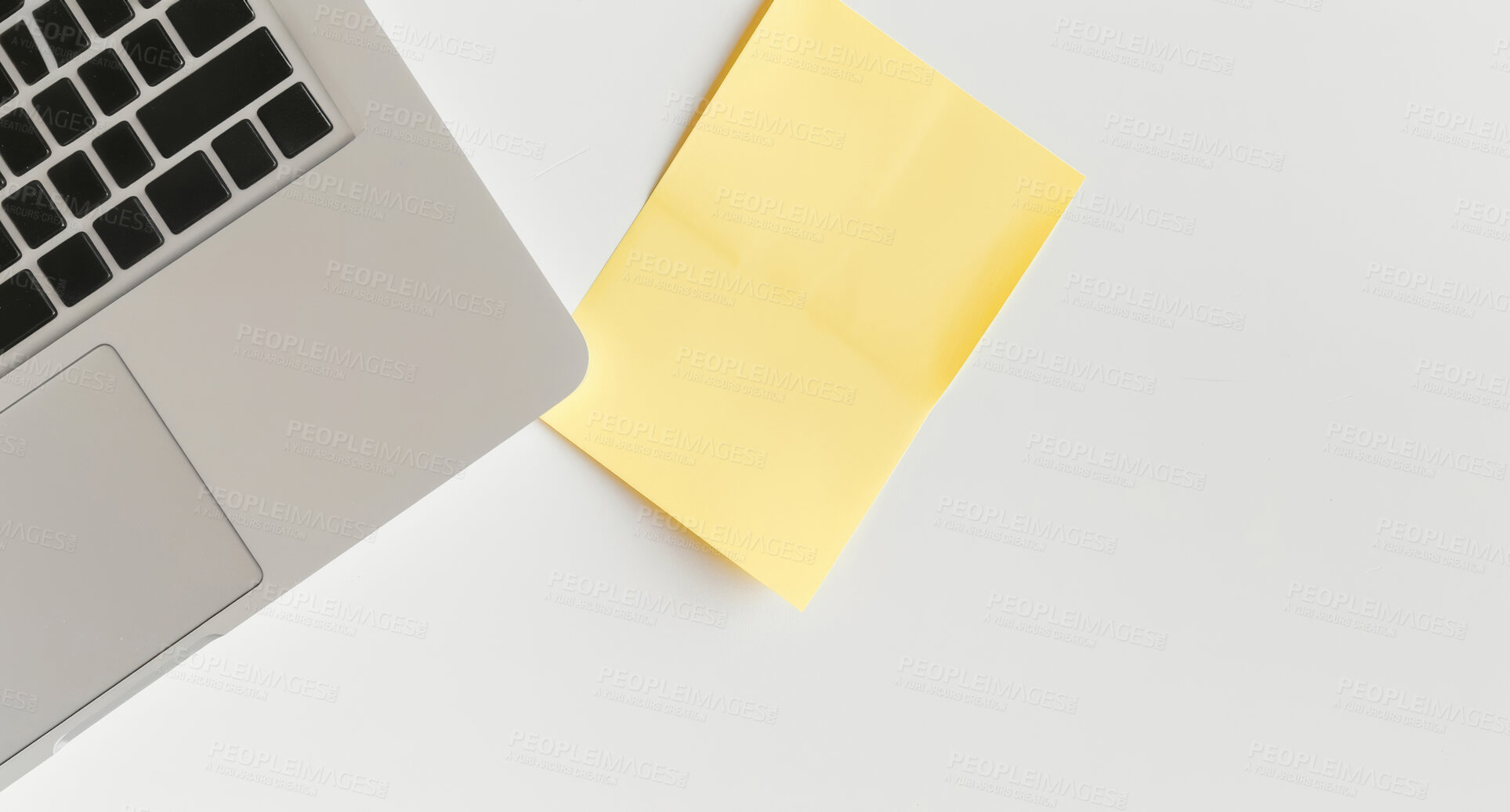 Buy stock photo Laptop, sticky note and label with schedule above in planning, agenda or tasks at office. Top view of empty space with small document, tab or sign for checklist, tips or reminder on memo at workplace