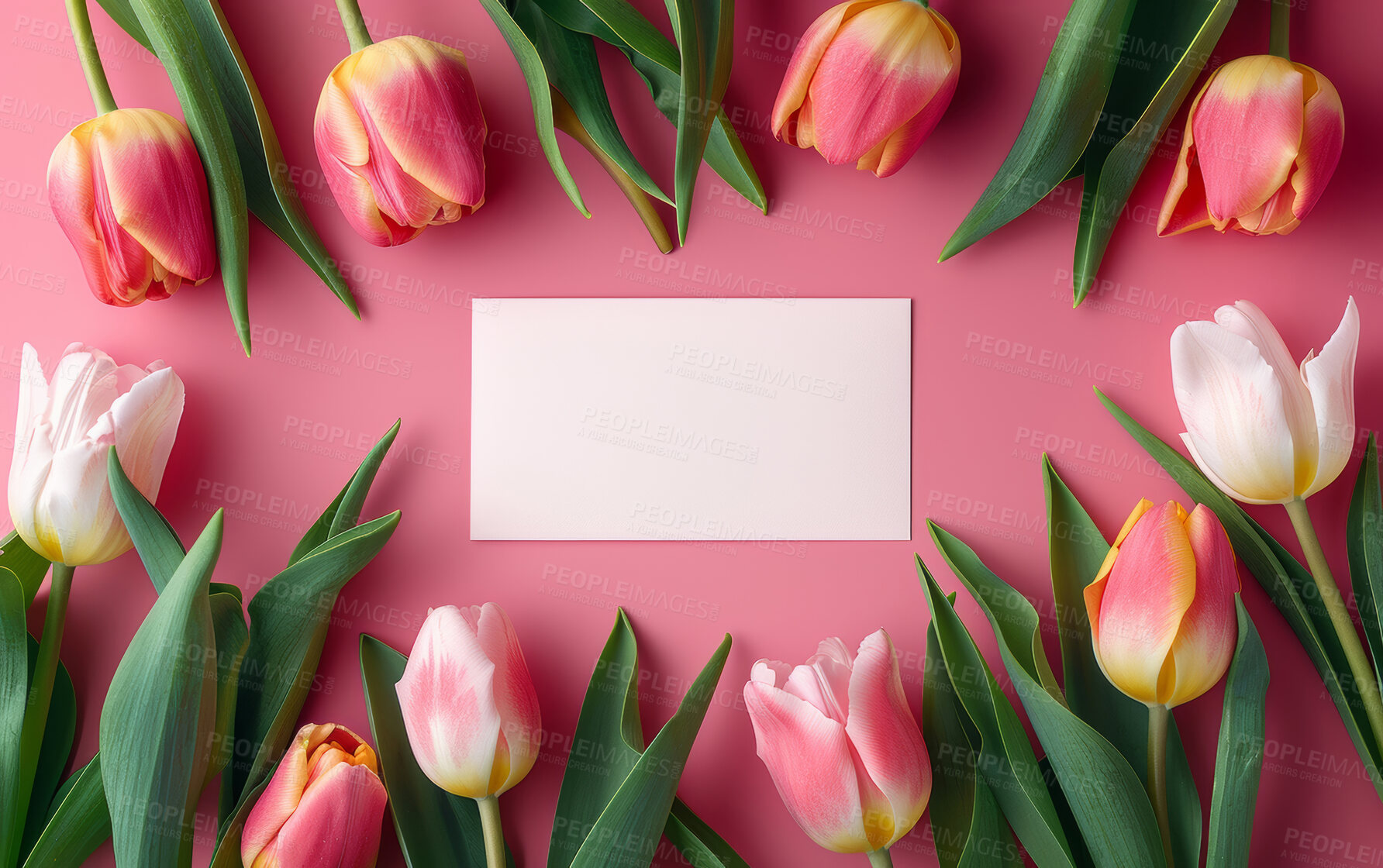 Buy stock photo Sticky note, gift card and valentines day with roses for anniversary above on a pink background. Top view of empty space with bunch of flowers, leaves or petals by paper for message, text or post