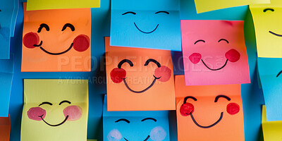 Paper, art or sticky note smile sketch on wall for creative, design or storyboard drawing. Classroom, school or autism emotion cards for learning, understanding or autistic student feeling identifier